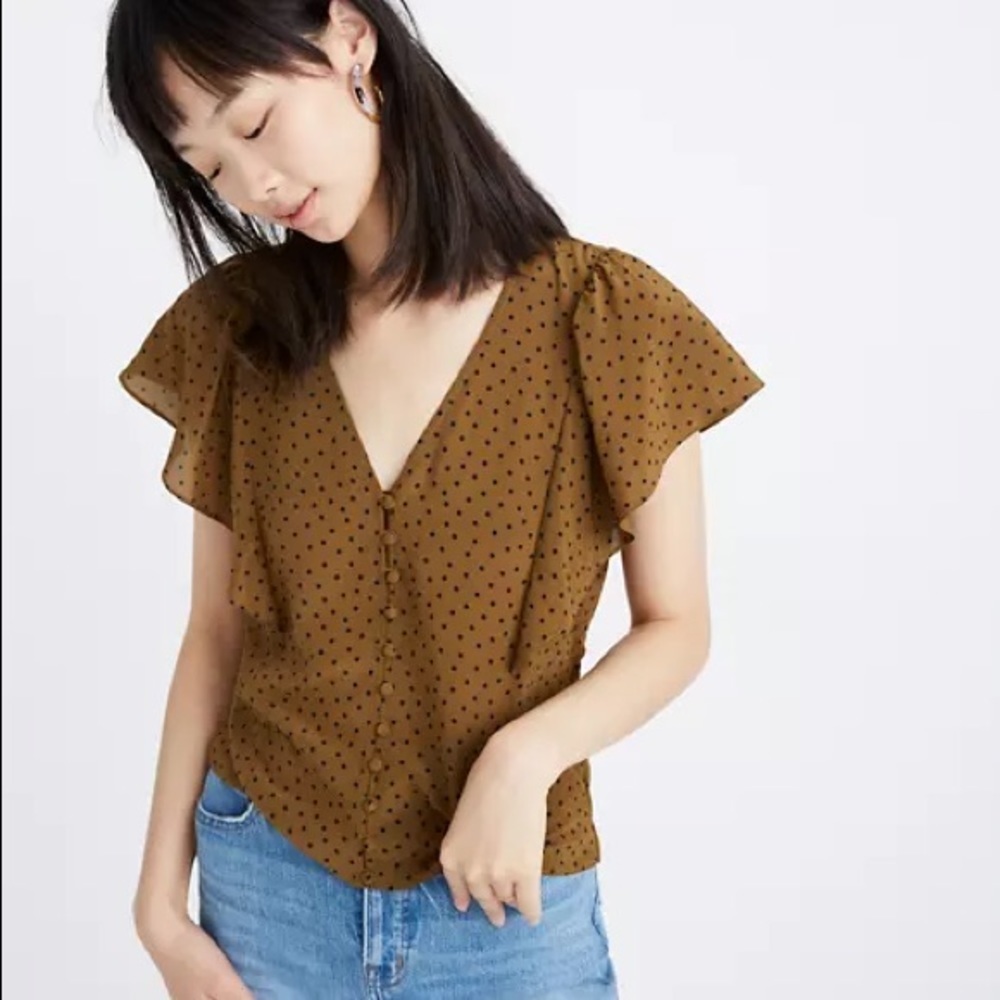 Silk Carmelina Flutter-Sleeve Top in Polka Dot
